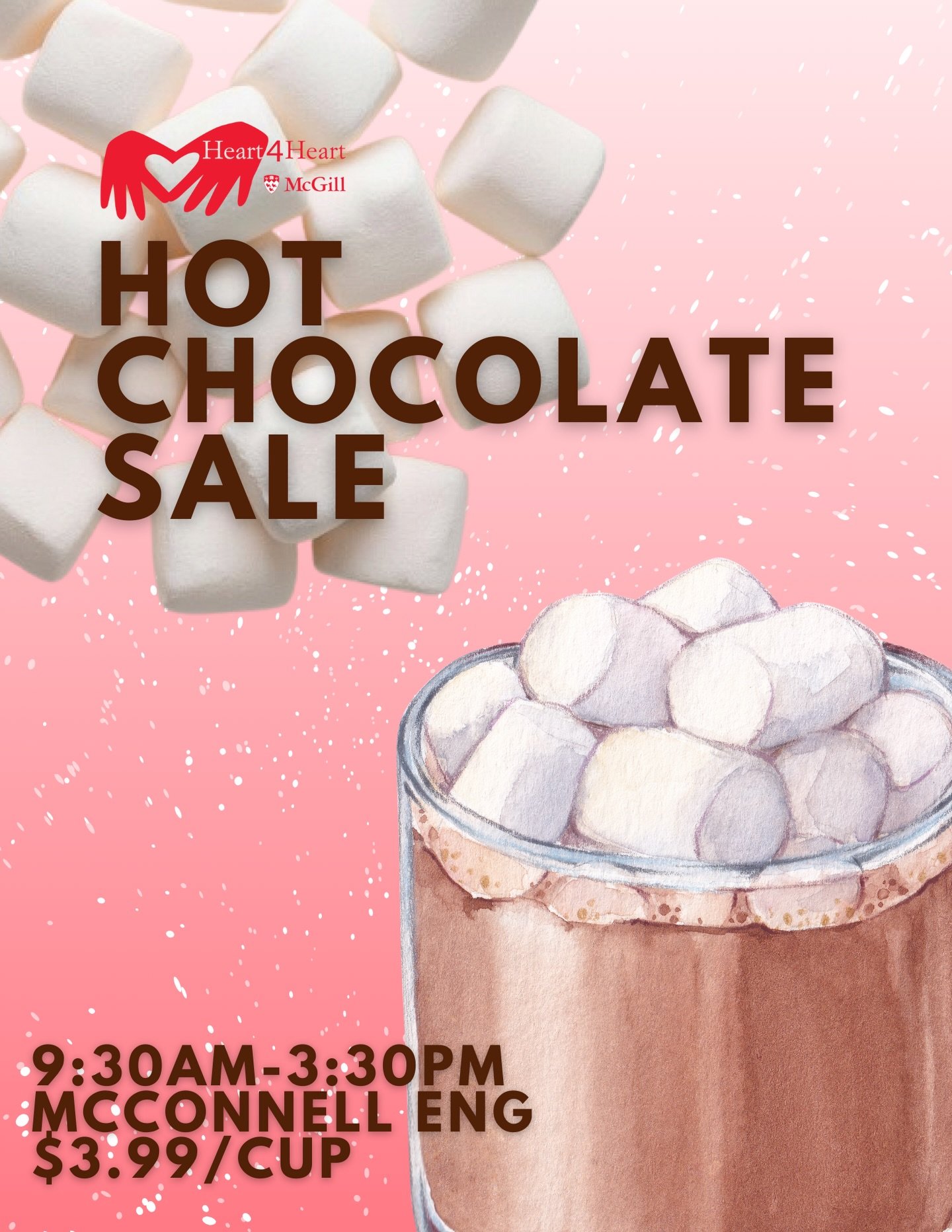 THIS FRIDAY ☕️☕️☕️

Stay warm this season with some delicious hot chocolate brought to you by Heart4Heart! Our first fundraiser of the year is this Friday and we hope to see you there 😋😋😋

📍McConnell Eng Hallway 
⏰9:30 am - 3:30 pm
🗓️ Friday, Ja