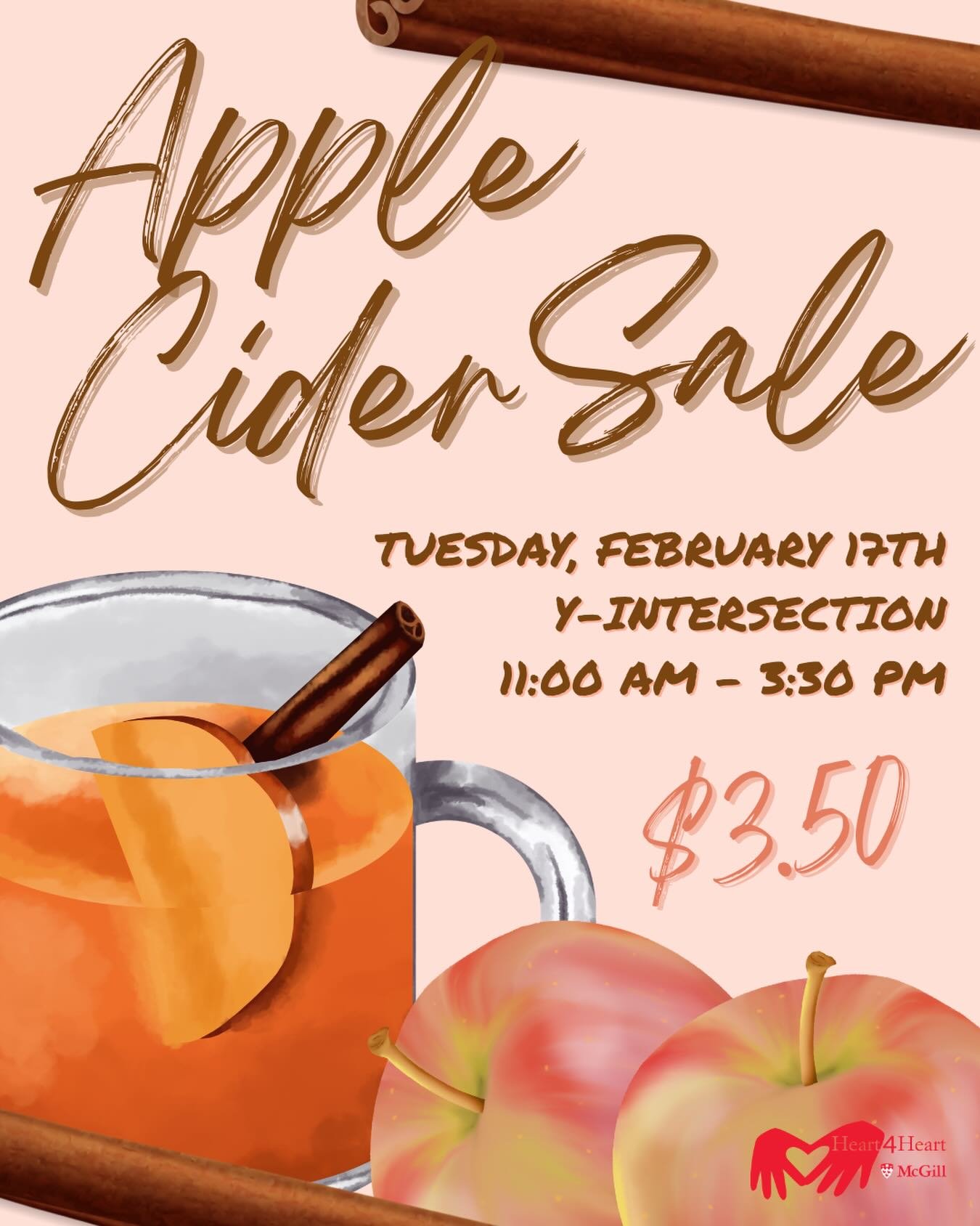 Find us at the Y for some delicious apple cider! 🍎This is the perfect drink to keep you warm on a chilly day and the perfect reward for making it through last weeks midterms. 

📍Y- intersection
🗓️11:00 am - 3:30 pm Tuesday, February 17th