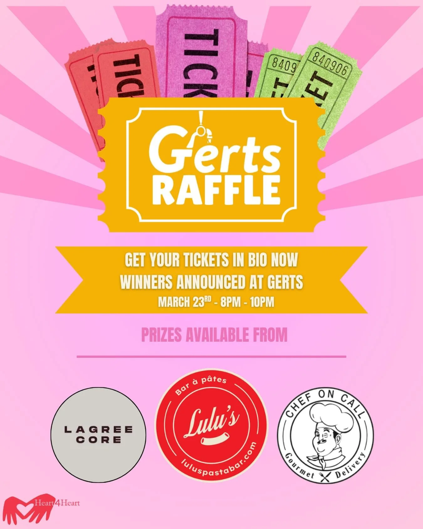It may not be St. Patricks anymore but you can still get lucky at the Gerts x Heart4Heart raffle tomorrow. Buy tickets there or at the link in our bio! 🎟️🎉