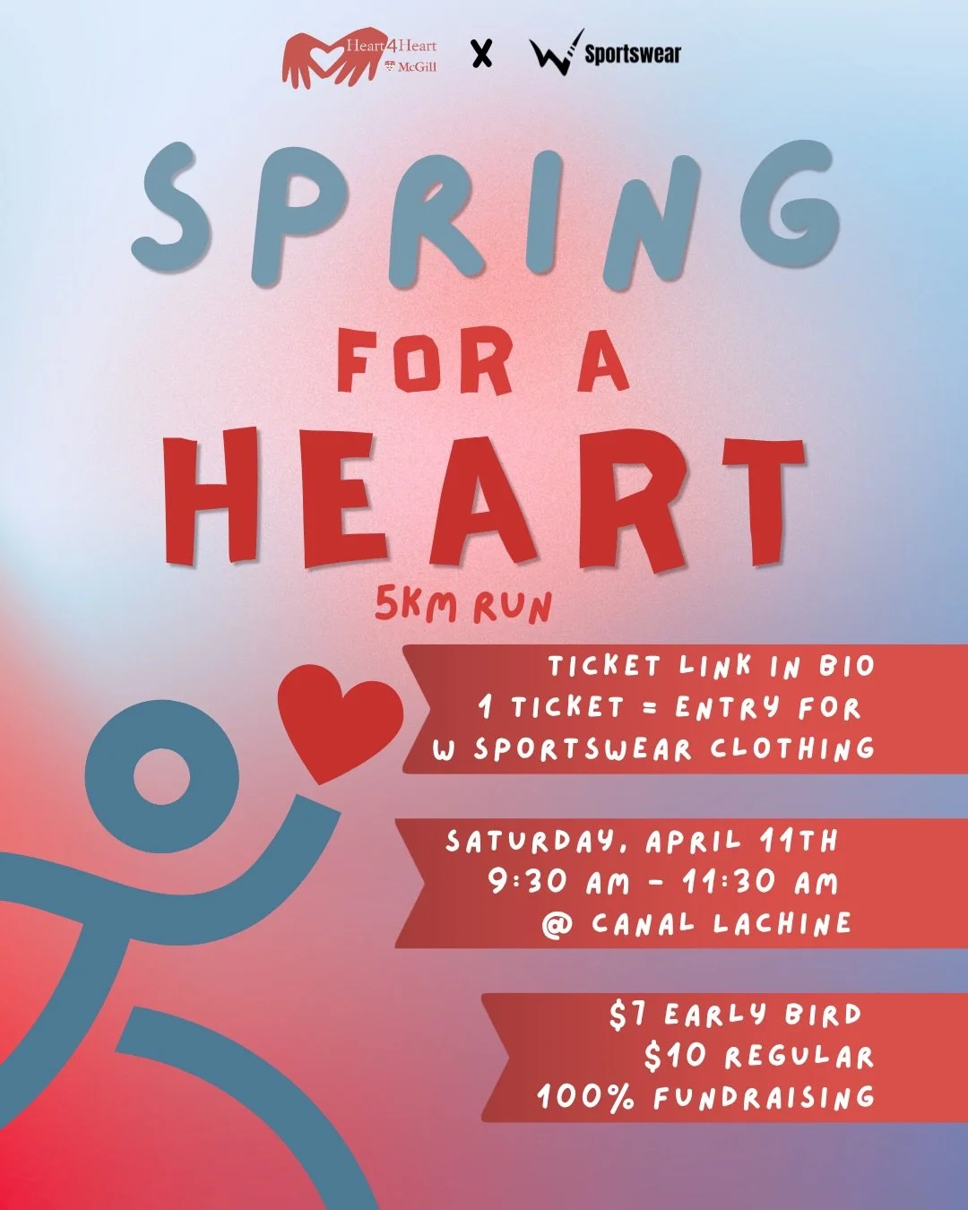 Join us as we spring for a heart at our spring run in collaboration with @wsportswear_official 👟👟👟

On Saturday April 11th come down to Canal Lachine to run, or walk, with us! Tickets can be bought through the link in our bio and we hope to see yo