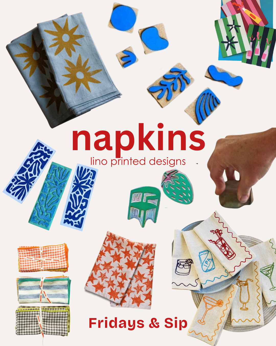 Lino-printed napkins | Fridays &amp; Sip
