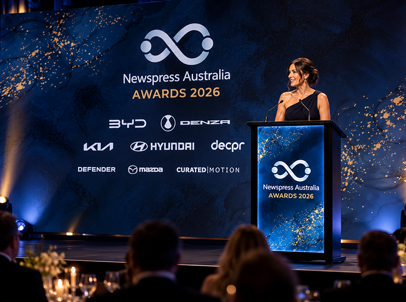 Newspress Australia Gala 2026 stage backdrop and digital lecturn screen