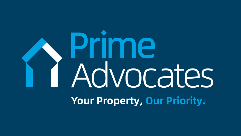 Logo for Prime Advocates with a house icon and the text "Prime Advocates" and the tagline "Your Property, Our Priority" on a dark blue background. Designed by The Brand Advisory.