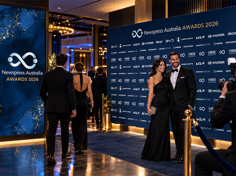 Newspress Australia Gala 2026 media wall and entrance screen