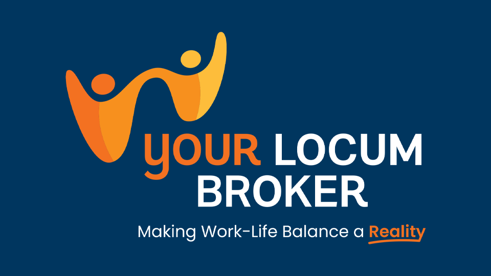 Logo with stylised orange and yellow human figures, text reads "Your LOCUM BROKER" with tagline "Making Work-Life Balance a Reality". Designed by The Brand Advisory.