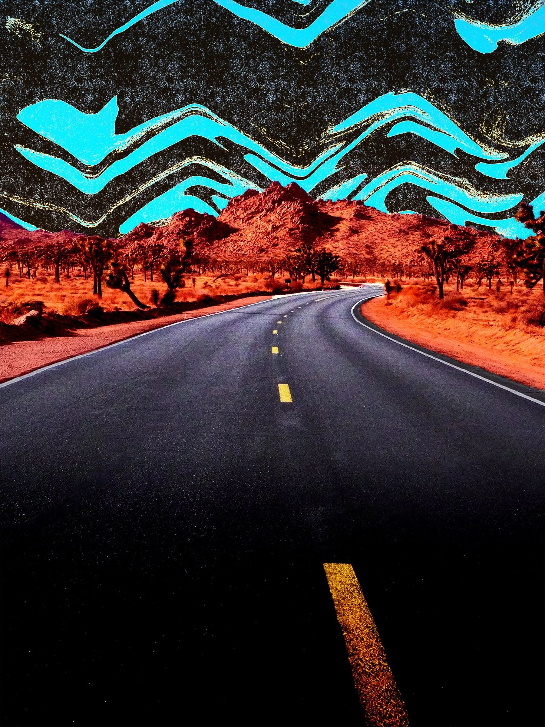 A stylized digital illustration of a road leading towards desert mountains with orange terrain and trees, rendered with a vibrant, graphic art style and a starry sky with blue abstract lines and shapes.