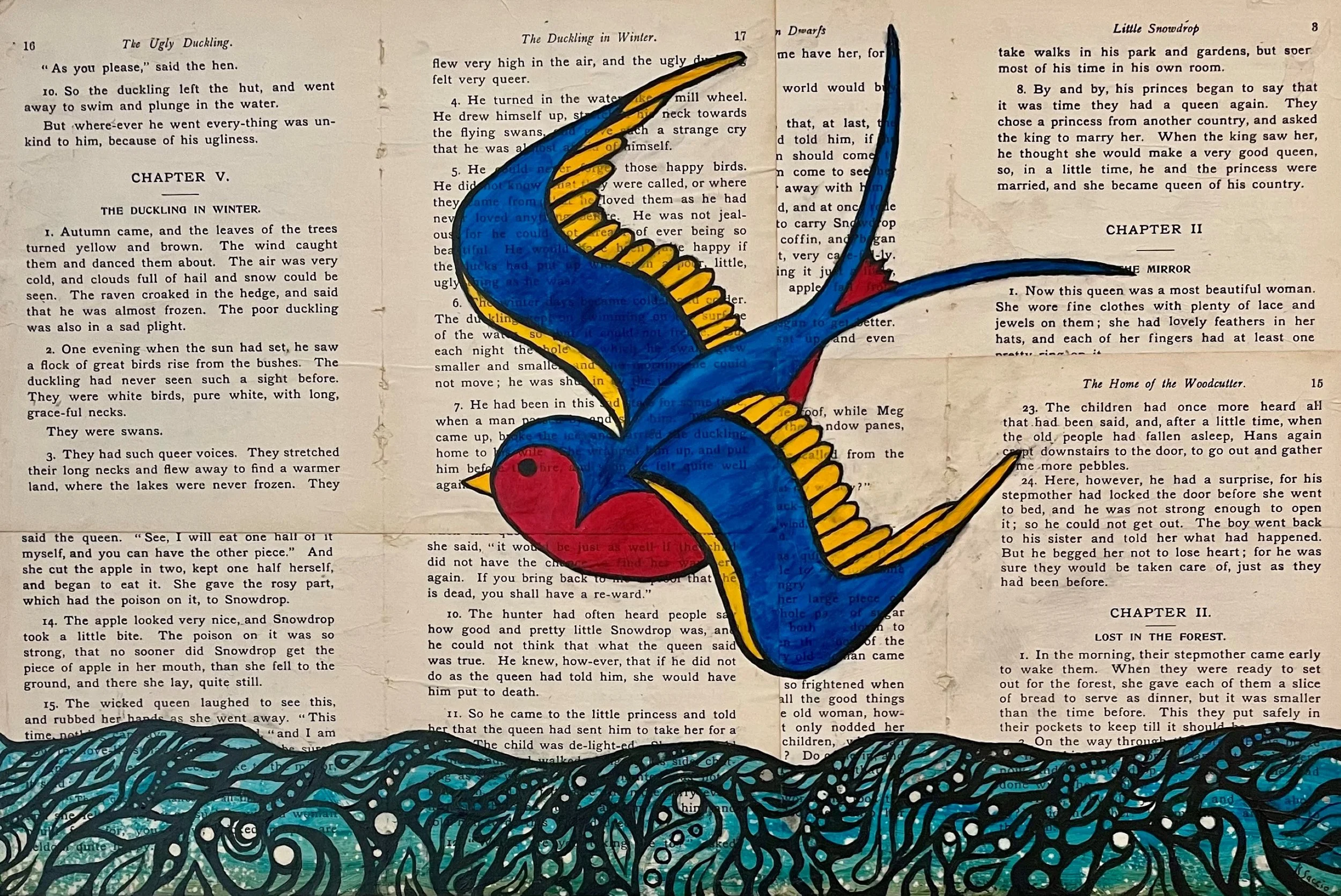 Safe Passage Home (18 x 12) - This American Traditional swallow offers safe passage through childhood - evoked by some rather disturbing fairy tales in an A.L. Bright Story Reader (1920s).