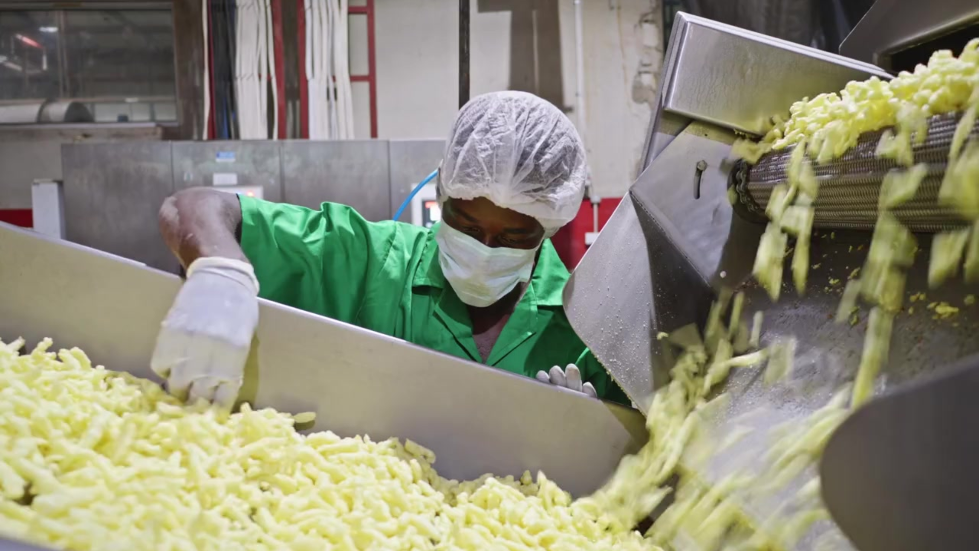 Worker in green uniform, hair net, and face mask operating machinery to process chopped vegetables in a factory.