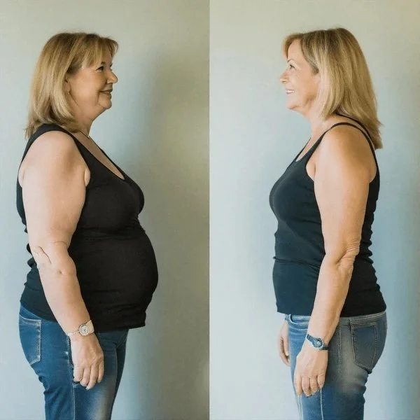 Side-by-side comparison of a woman before and after weight loss, wearing black tank tops and jeans.