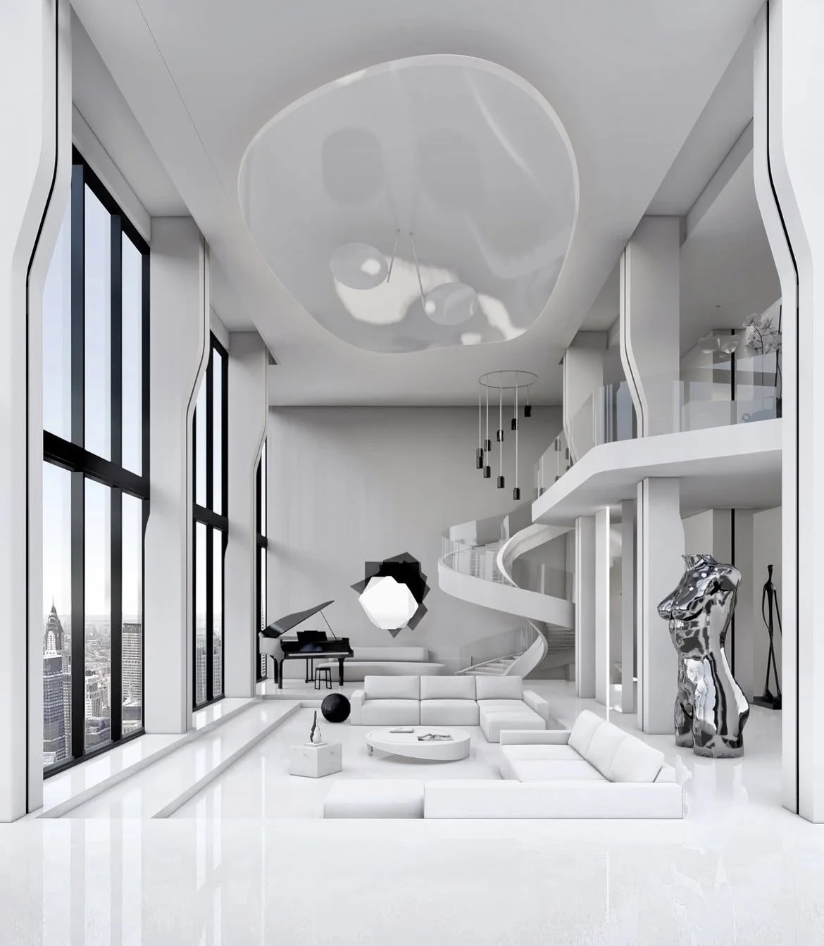 Un intérieur moderne en blanc avec de grandes fenêtres, un canapé, un escalier en colimaçon, un piano à queue, une sculpture en métal et des luminaires.