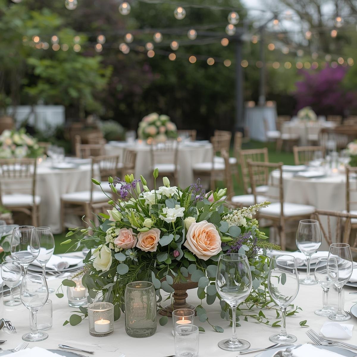 A decorated outdoor banquet table with a floral centerpieces featuring roses and greenery, surrounded by empty wine glasses and small candles, set in a garden with string lights overhead.