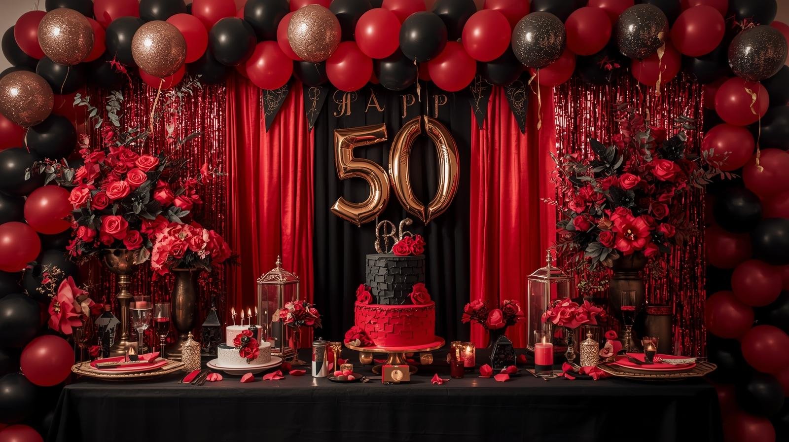 Decorative party setup for a 50th birthday celebration with red and black theme. Includes balloons, a cake, flowers, and table settings with candles.
