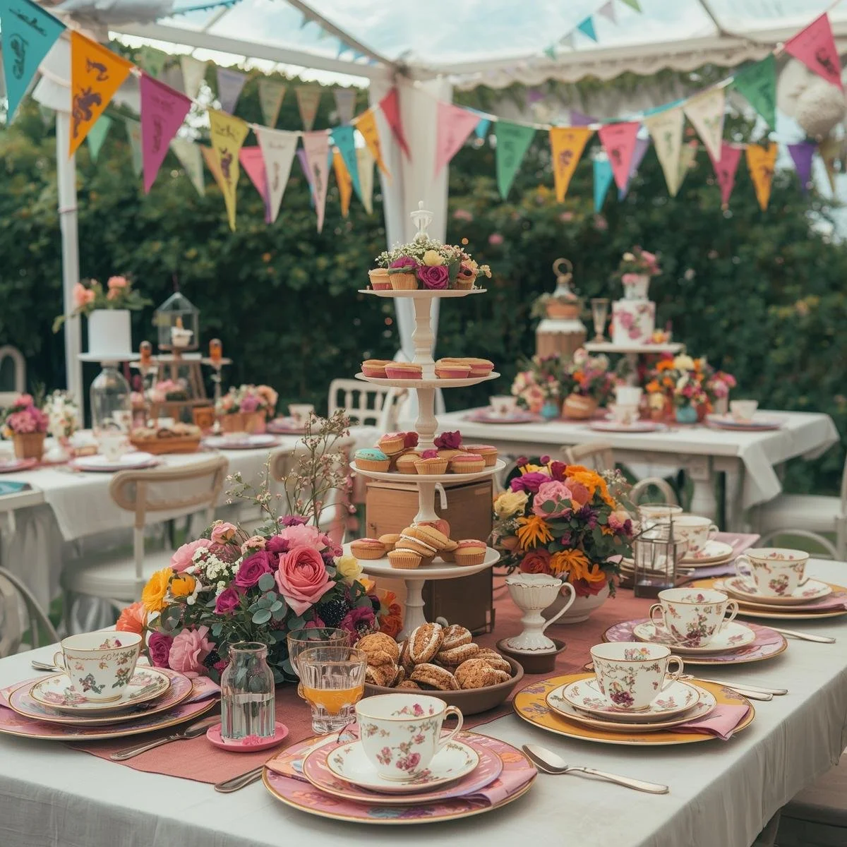 Decorated outdoor party table with floral arrangements, teacups, desserts, and colorful bunting banners.