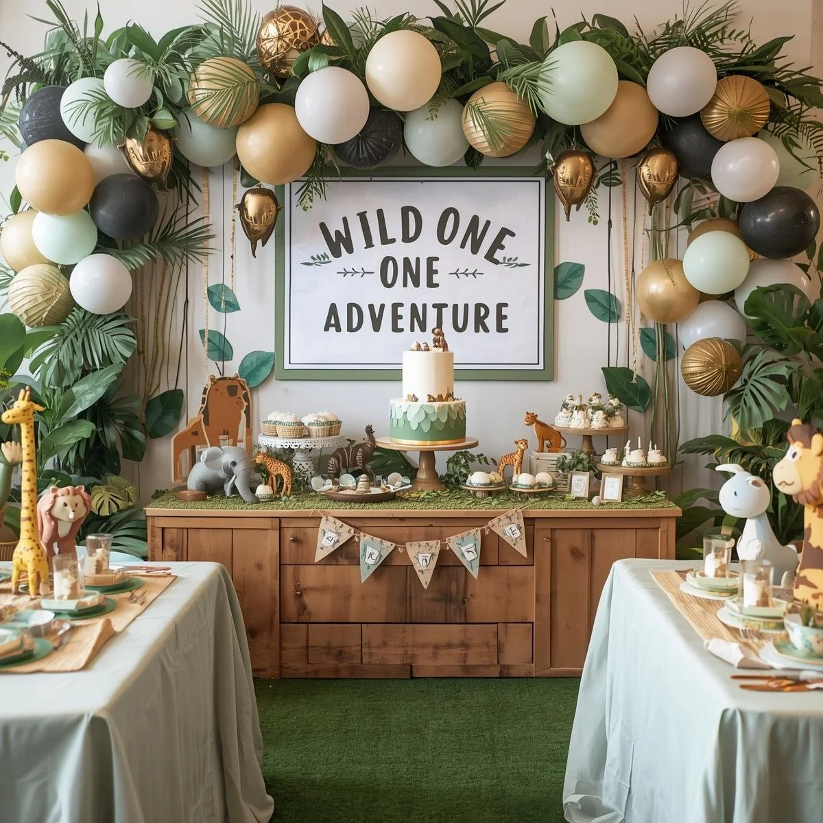 Wild One birthday party setup with jungle animal decorations, balloons, and a themed cake on a wooden table, surrounded by green foliage and tables with animal figures.