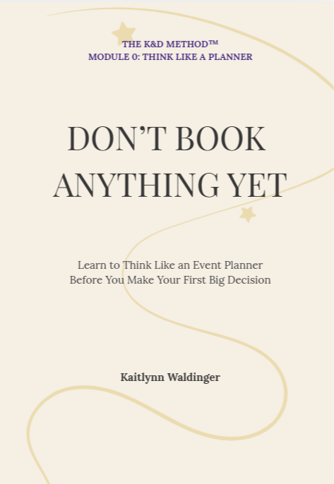Cover of a book titled 'Don't Book Anything Yet' by Kaitlynn Waldinger, part of 'The K & D Method, Module 0: Think Like a Planner', with a light background and decorative stars and swirls.