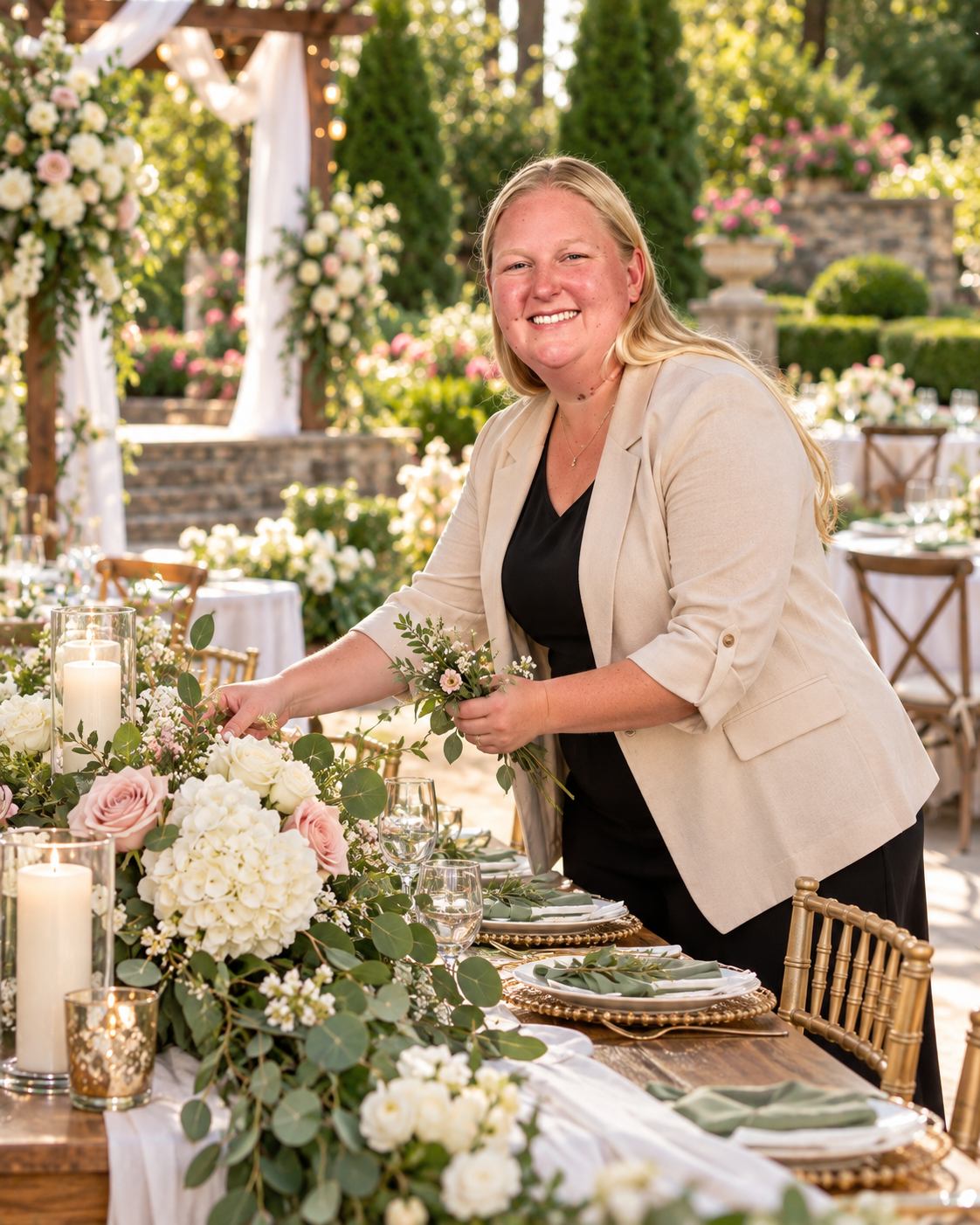 AI-generated image of K&D Hospitality Services owner Kaitlynn arranging an elegant outdoor wedding reception table in a garden setting.