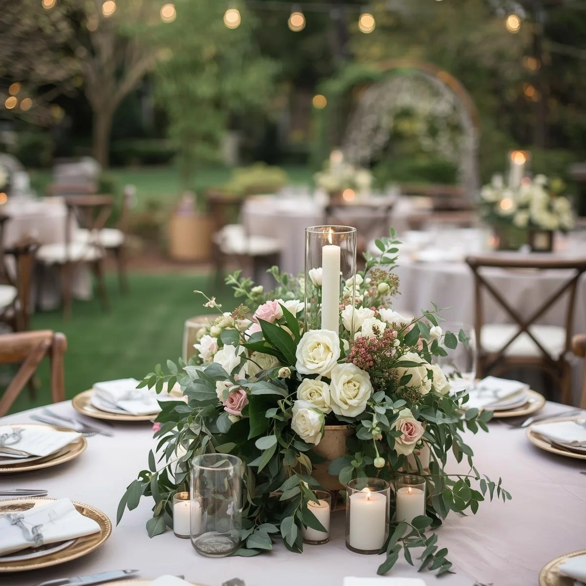 Elegant outdoor wedding reception table with floral centerpiece and candles in a garden setting.