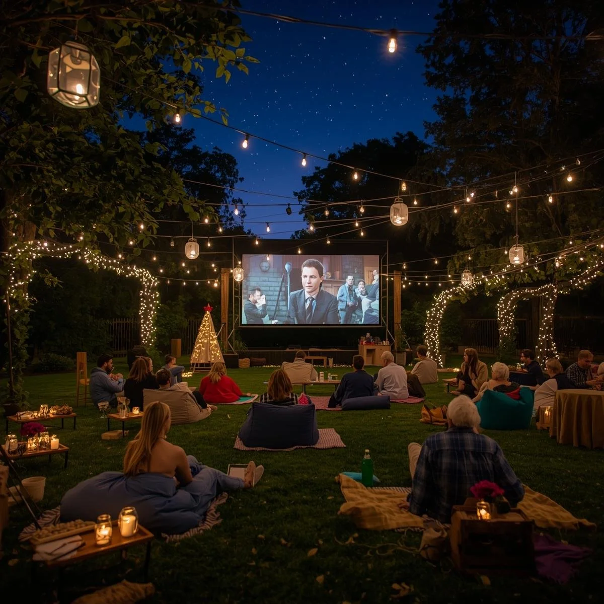 An outdoor movie screening at night, with people sitting on blankets and cushions on the grass, illuminated by string lights and lanterns, watching a film on a large screen, surrounded by trees decorated with fairy lights.