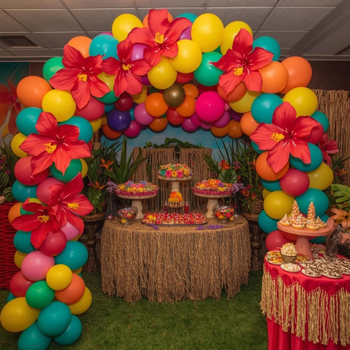 Colorful balloon arch with large red hibiscus flowers, tropical decor, and a table with desserts at a tropical themed party.