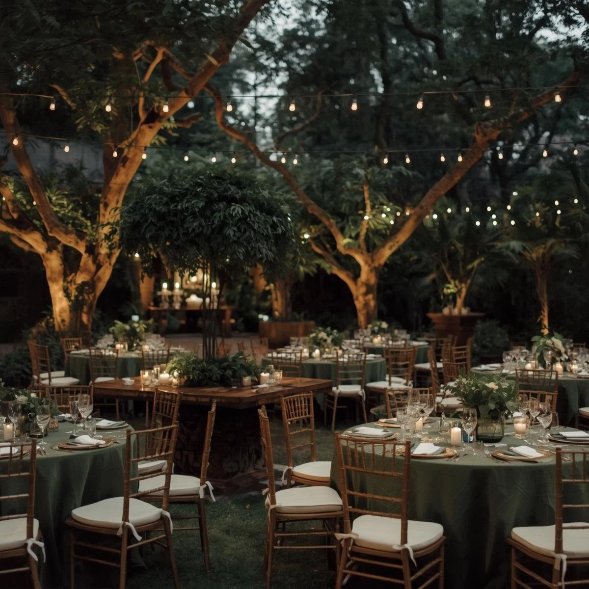 Outdoor evening event setup with round tables covered in green tablecloths, decorated with candles and flower centerpieces, surrounded by wooden chairs, under string lights hanging from trees.