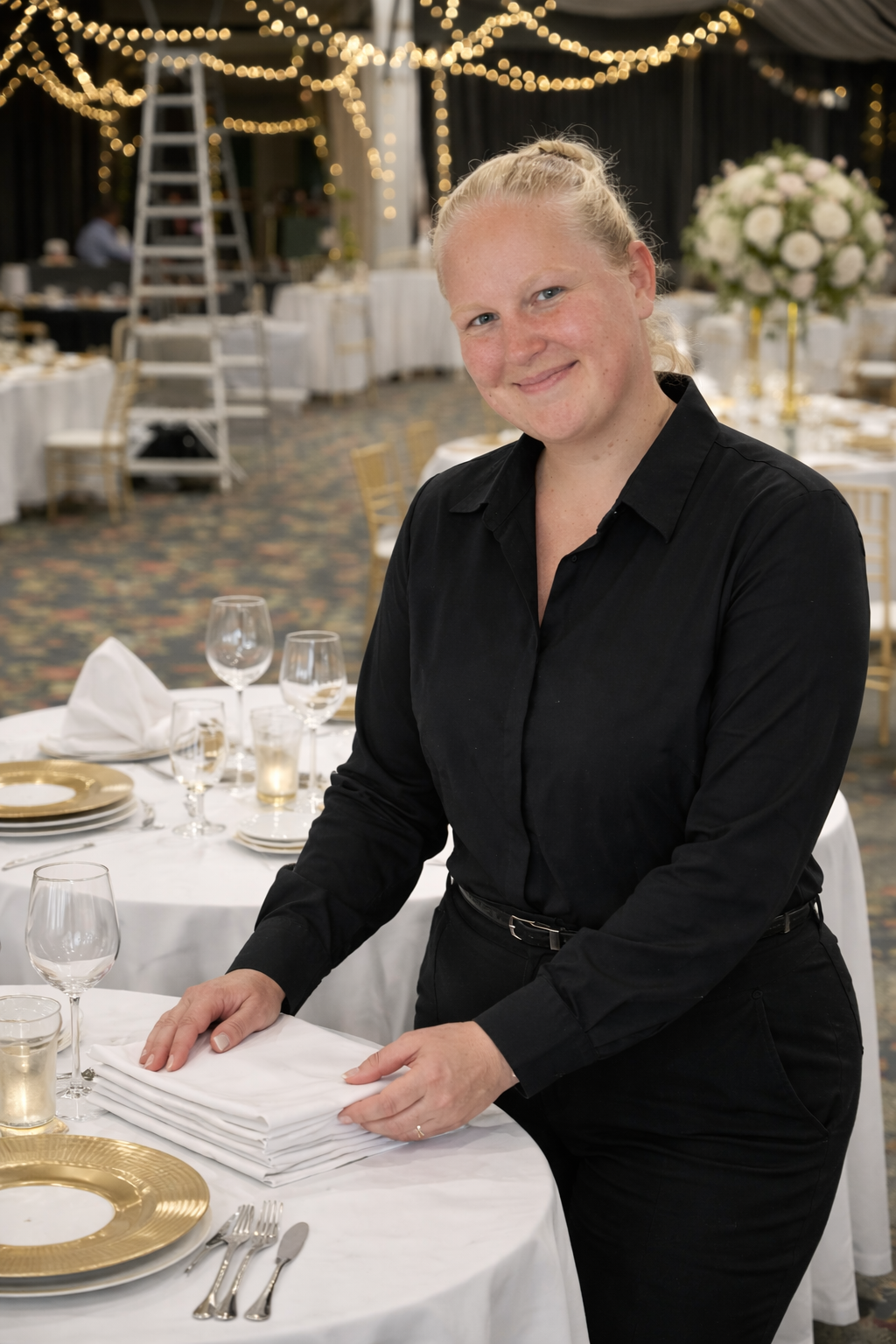 DFW wedding planner preparing elegant reception tables with gold charger plates and white linens during event setup.