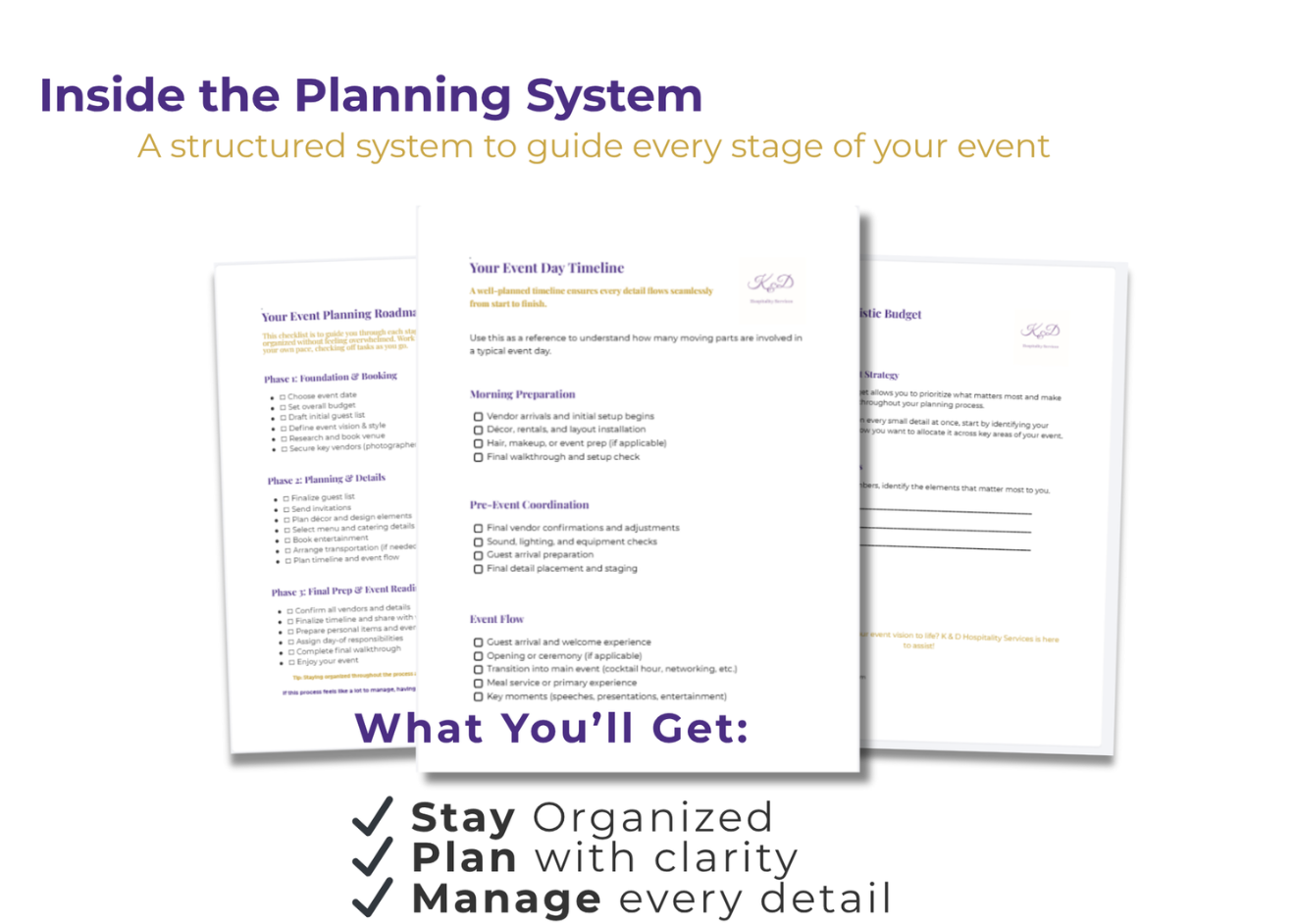 A digital graphic showing documents related to event planning, titled 'Inside the Planning System.' It highlights the benefits of staying organized, planning with clarity, and managing every detail of an event. The image emphasizes the advantages with checkmarks centered around staying organized, planning clearly, and managing details.