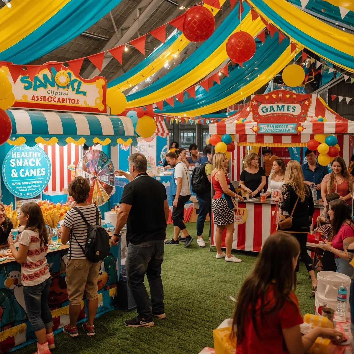 A lively carnival arcade inside a decorated tent with colorful banners, balloons, and game stalls. People are playing and watching games, with some winning prizes and others enjoying snacks.