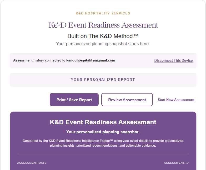 Screenshot of a K&D Event Readiness Assessment report webpage, showing options to print, review, or start a new assessment, with sections for assessment history and personalized planning insights.