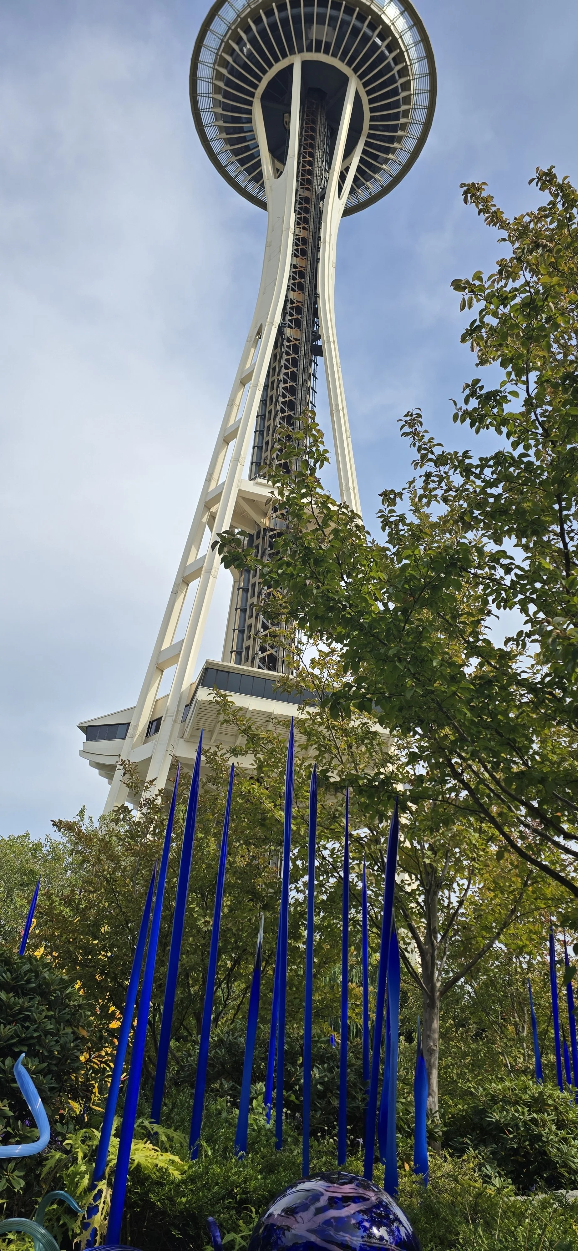 This is a shot from the ground looking up at the Space Needle with trees and blue decorative stakes in the foreground, and a partly cloudy sky in the background.