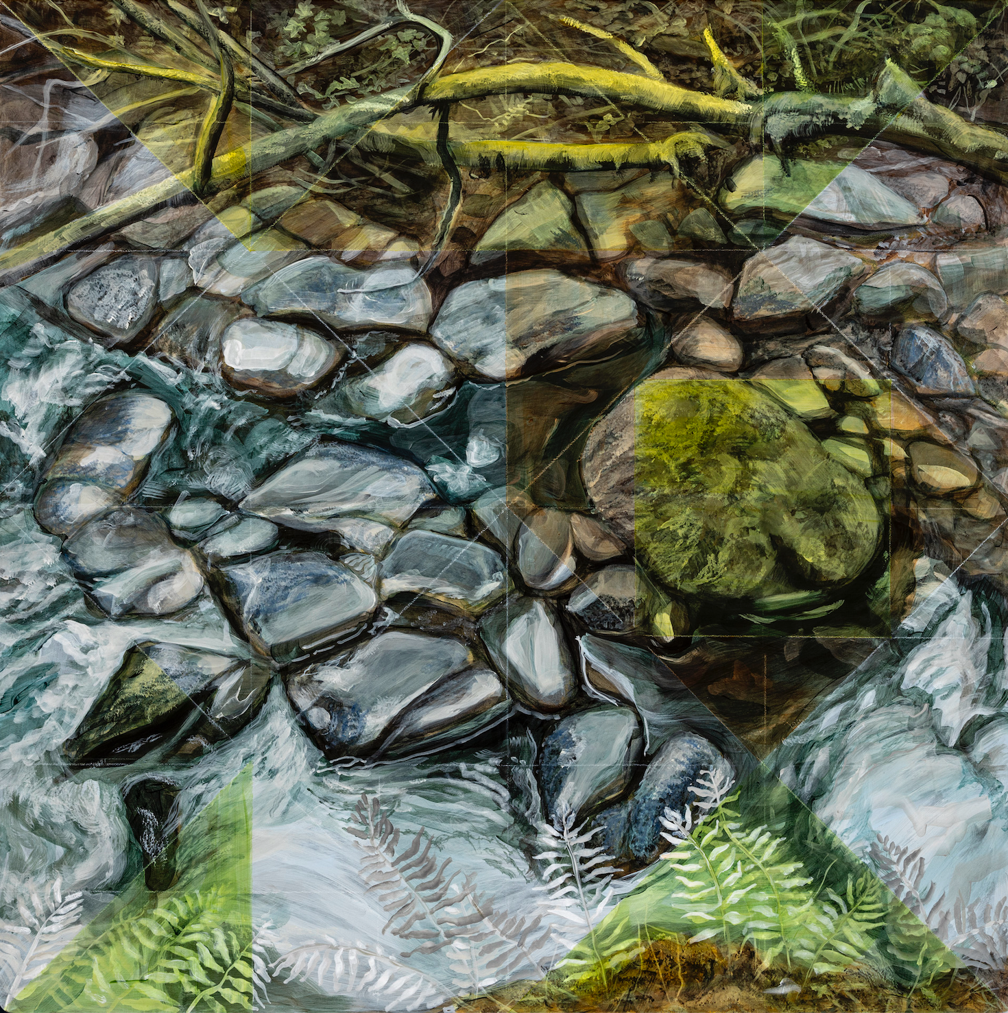 Yellow branch across the titling grid; kulla kulla Creek, creek bed close up painting