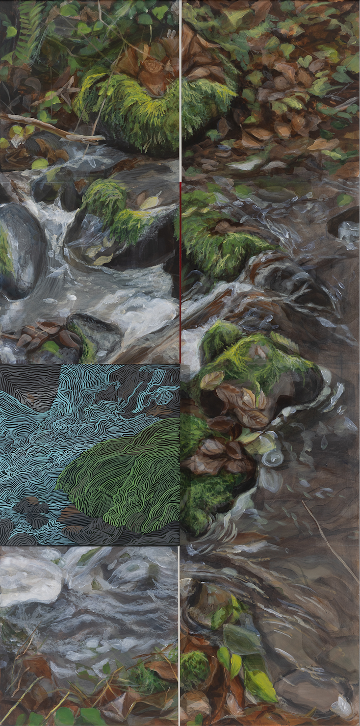 Paintint title: Drop edge. kulla kulla Creek scene with topo map and grid overlays.