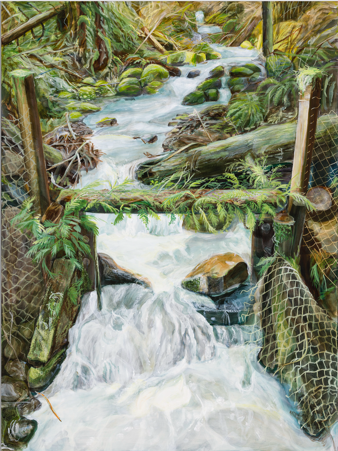 Painting title: Can you really enforce a boundary on flowing water? Picture of kulla kulla creek bed waterfall