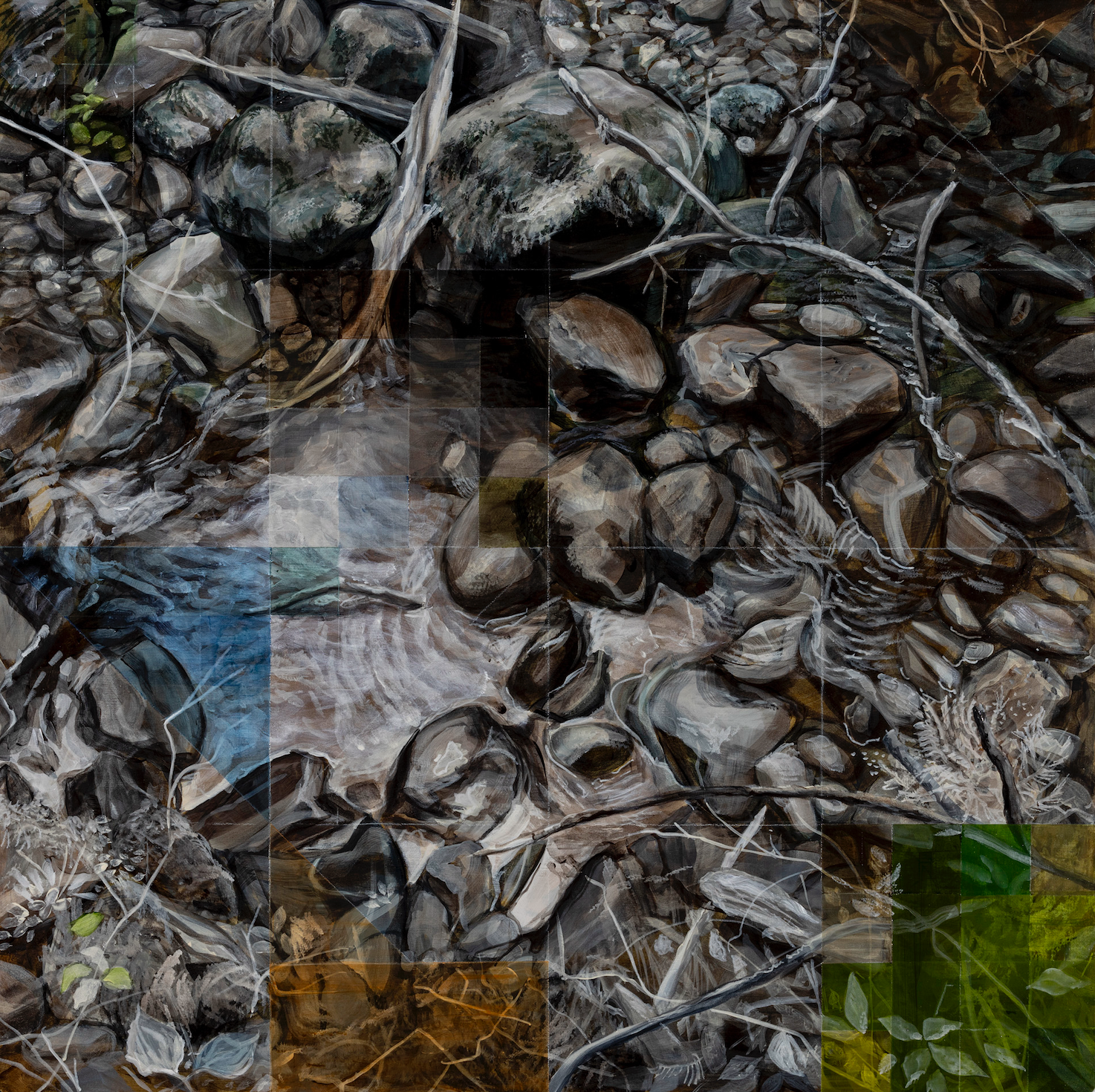 Painting title, Water worn stones ringing the pool in late summer; Image of gray creek bed stones with grid highlights