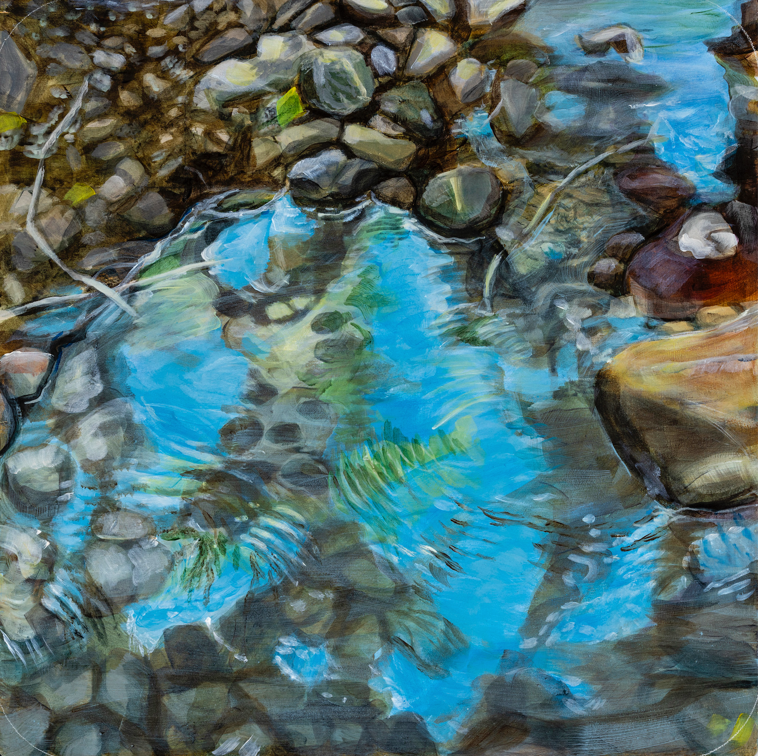 Painting title; August pool at the Bird Alliance; bright blue creek water flowing over stones