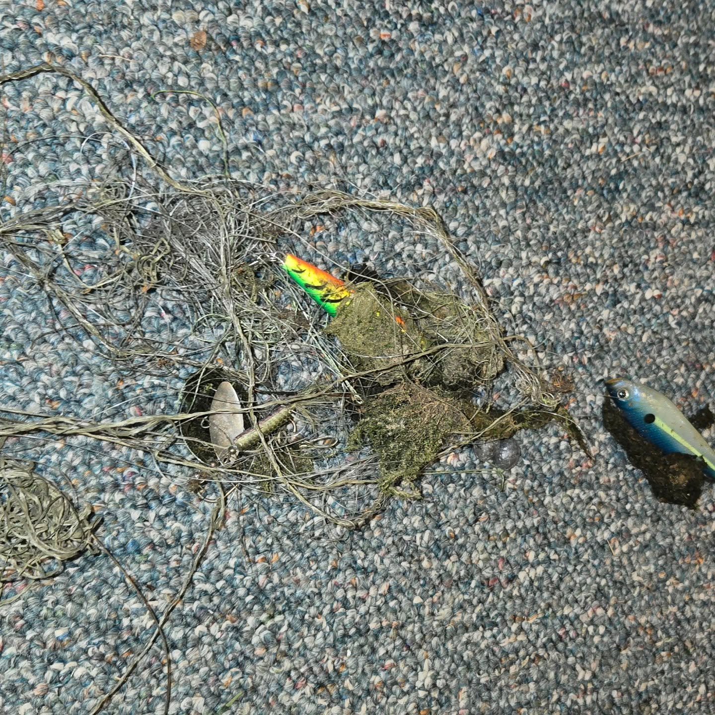 Caught this nice pile of lures yesterday while out troutfishing. Not sure what size wild brown trout they were fishing for but, the 30 lb braided line, the paddle tail jig and the 5 inch paddle trap rapala are over kill. Lol.

#rivercleanup #catchand