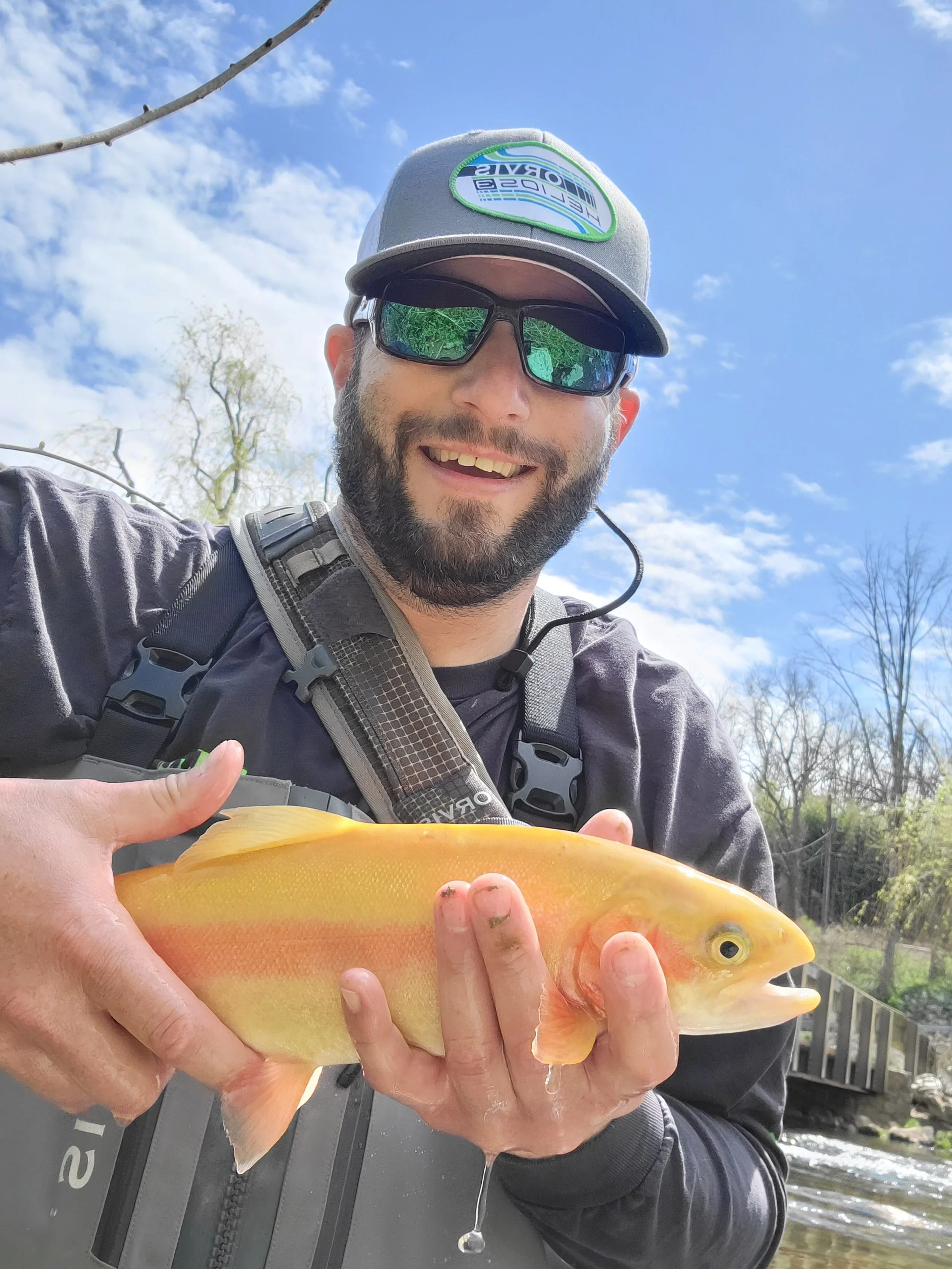 Man smiling and holding a large yellow-orange fish outdoors on a sunny day.
