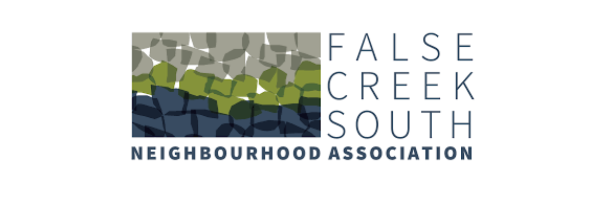 Logo of False Creek South Neighbourhood Association featuring a stylized landscape with trees and water.
