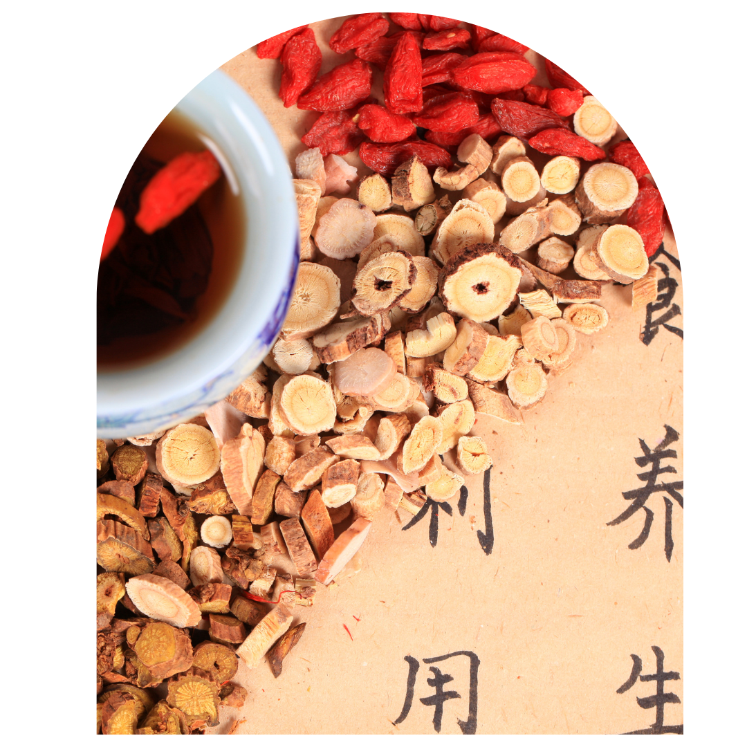 Flat lay of assorted traditional Chinese medicinal herbs including dried goji berries and sliced roots, arranged on parchment with Chinese calligraphy, beside a ceramic cup of herbal tea