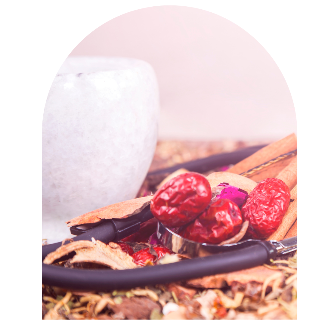 Close-up of dried Chinese herbs including jujube dates and cinnamon bark, arranged with a white mortar bowl and traditional Chinese medicine tools on a rustic surface