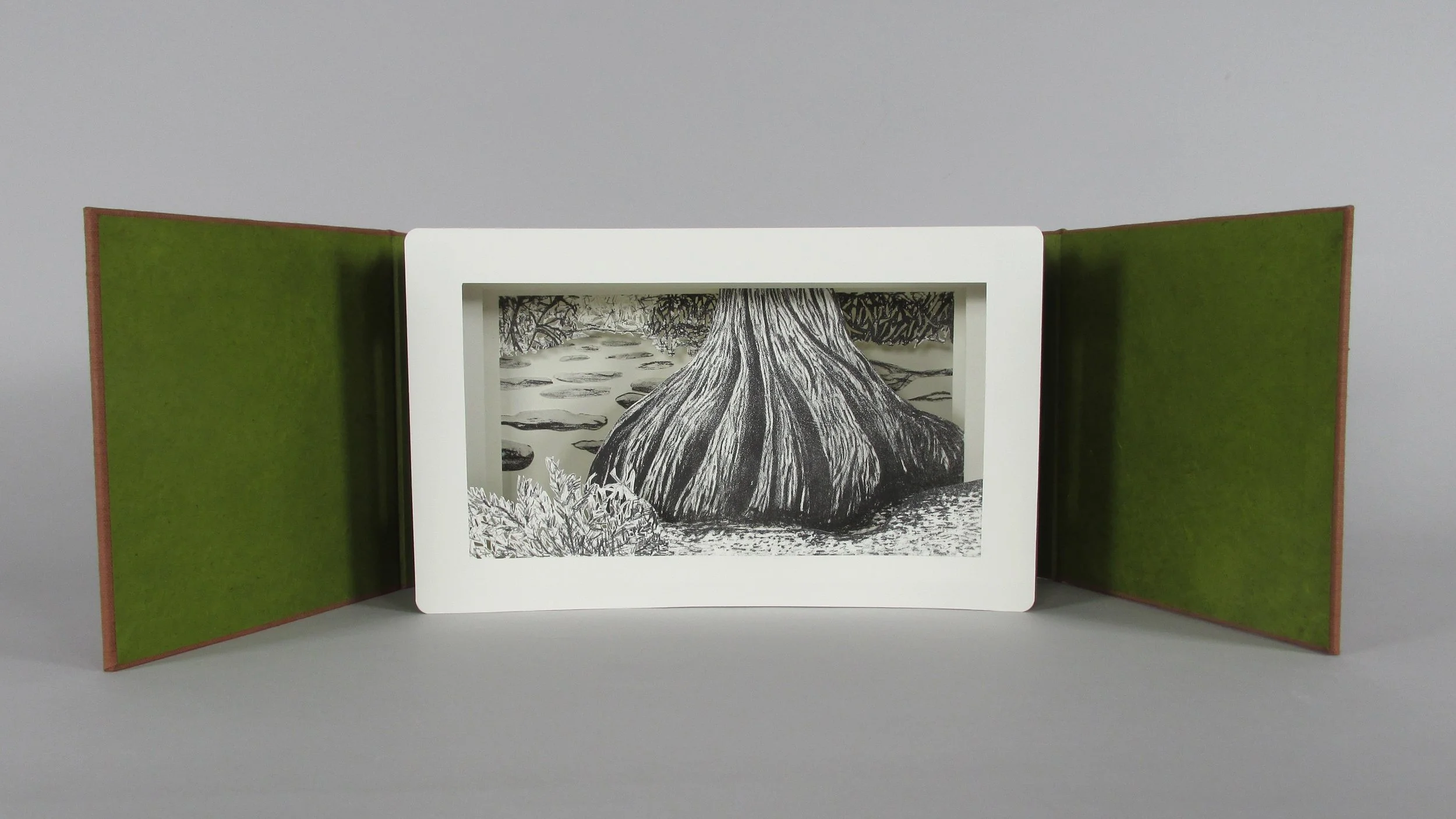 Cypress on the Guadalupe - tunnel book created from stone lithography print.