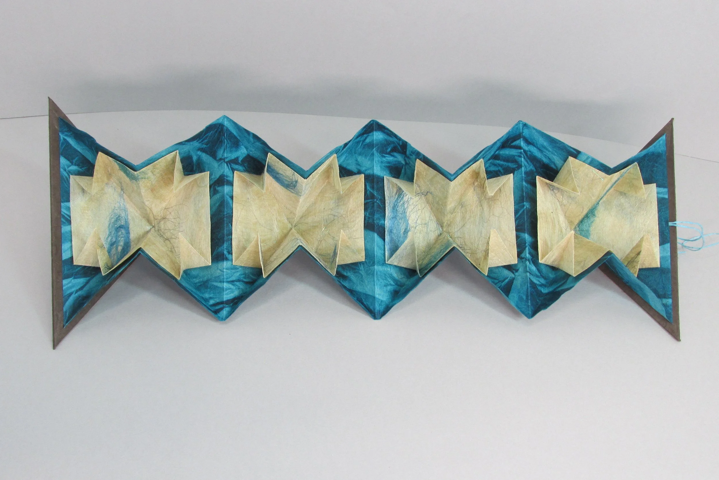 Glacial Exodus            
This book takes inspiration from a recent visit to Alaska and the opportunity to view several of the state's many glaciers in Juneau and Glacier Bay National Park. 

The sun washed, hand crinkled lokta paper mimics the patt