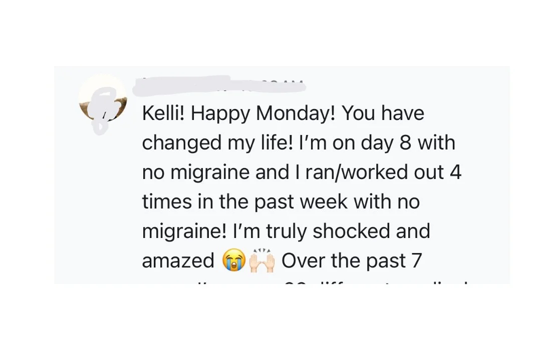 Text message expressing gratitude for relief from migraines and a successful workout routine.