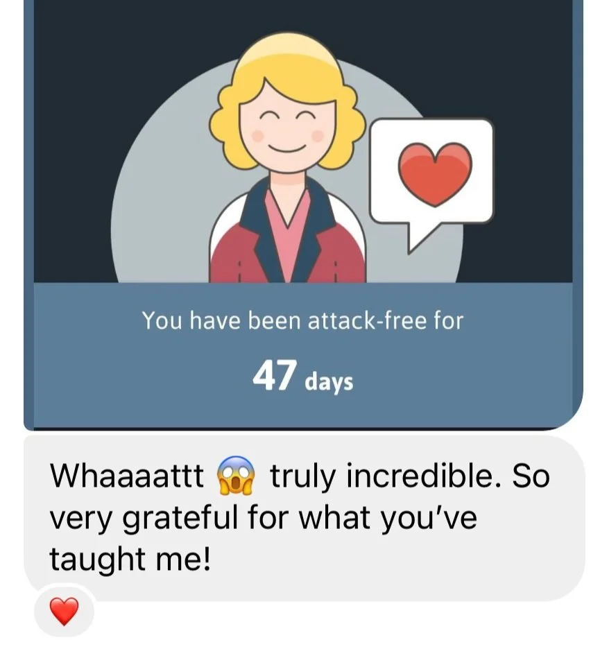 Illustration of a smiling person with a speech bubble containing a heart, indicating 47 days of being attack-free. Below is a text message expressing amazement and gratitude for guidance, with a heart emoji.