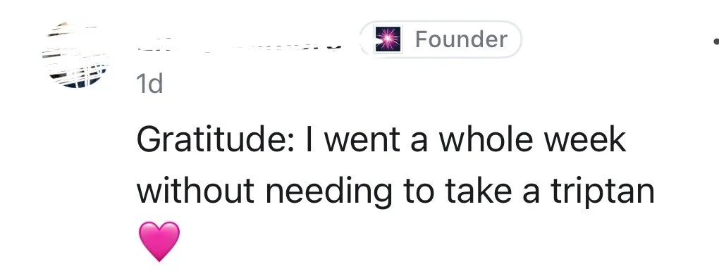 Social media post with text expressing gratitude for not needing to take triptan for a week, includes pink heart emoji.