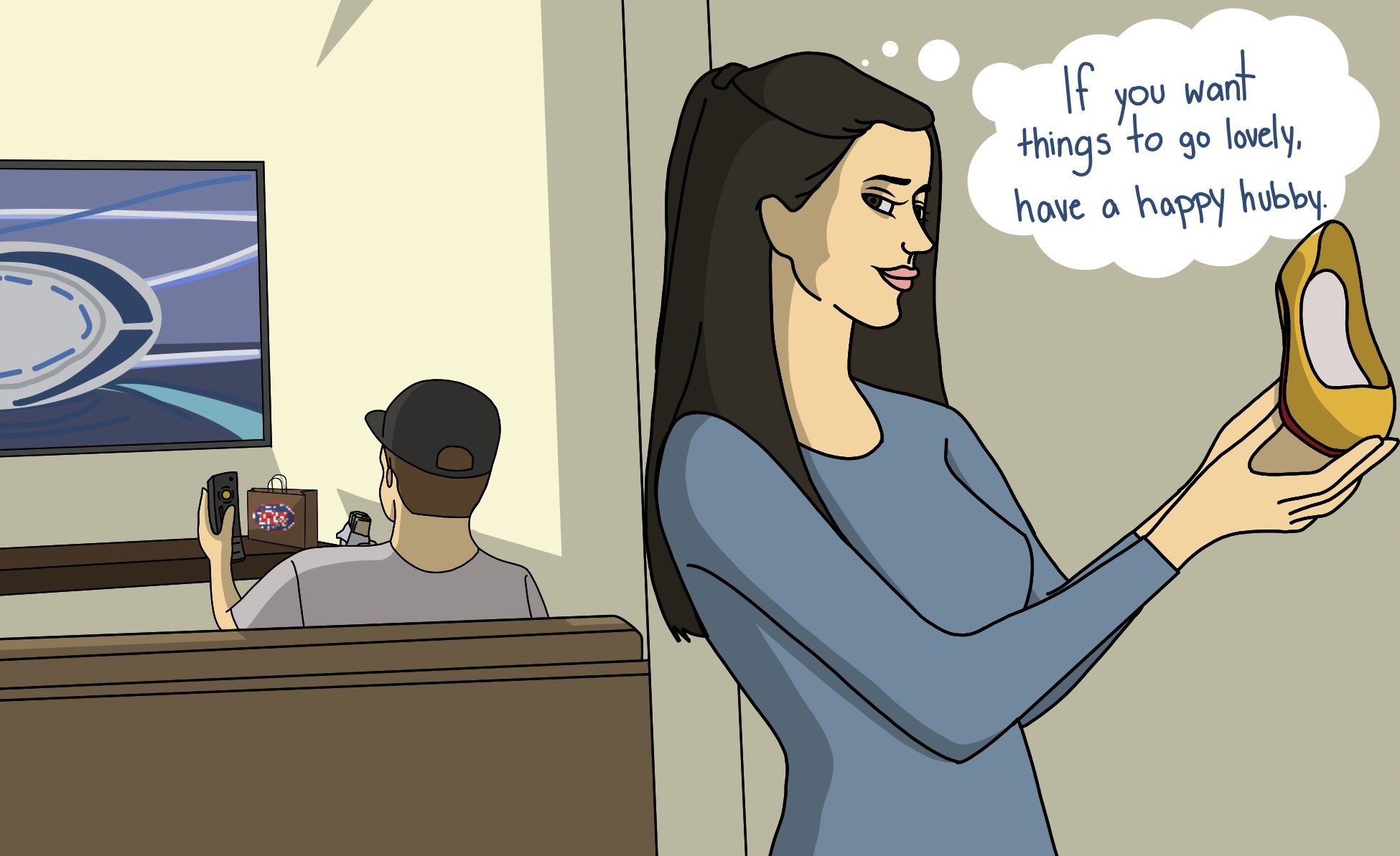 6. The woman admires her shopping.