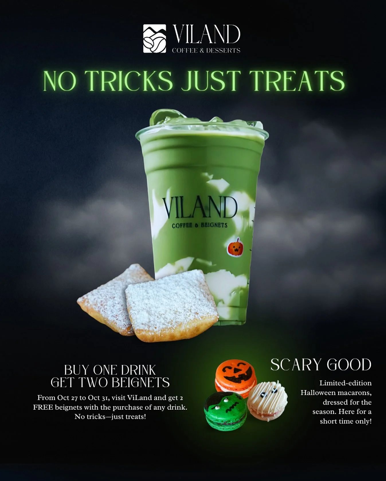 Treat yourself to something sweet this spooky season 🧁
Buy any drink and get 2 FREE beignets in-store from October 27–31!
And don’t forget to sink your teeth into our limited-edition Halloween macarons—here for a frightfully shor