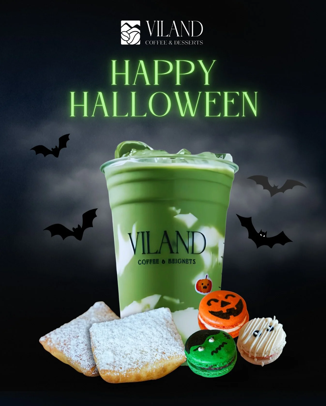 Witching you a Happy Halloween from ViLand 🧙&zwj;♀️

Today&rsquo;s your last chance to get 2 FREE beignets with any drink purchase&mdash;in-store only!

And don&rsquo;t forget to snag our limited-edition Halloween macarons before they disappear for 