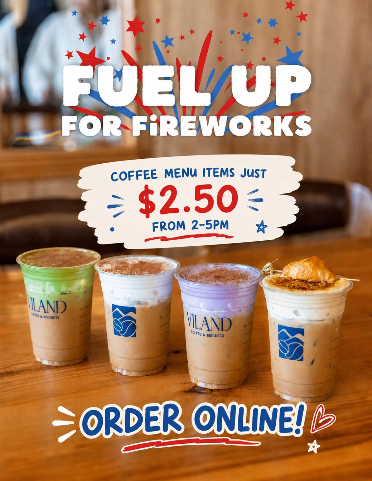 Happy 250th, USA 🇺🇸 choose your favorite off the coffee menu for just $2.50 from 2-5pm 🤩 when you order online! (with code USA) 

which drink are you getting??