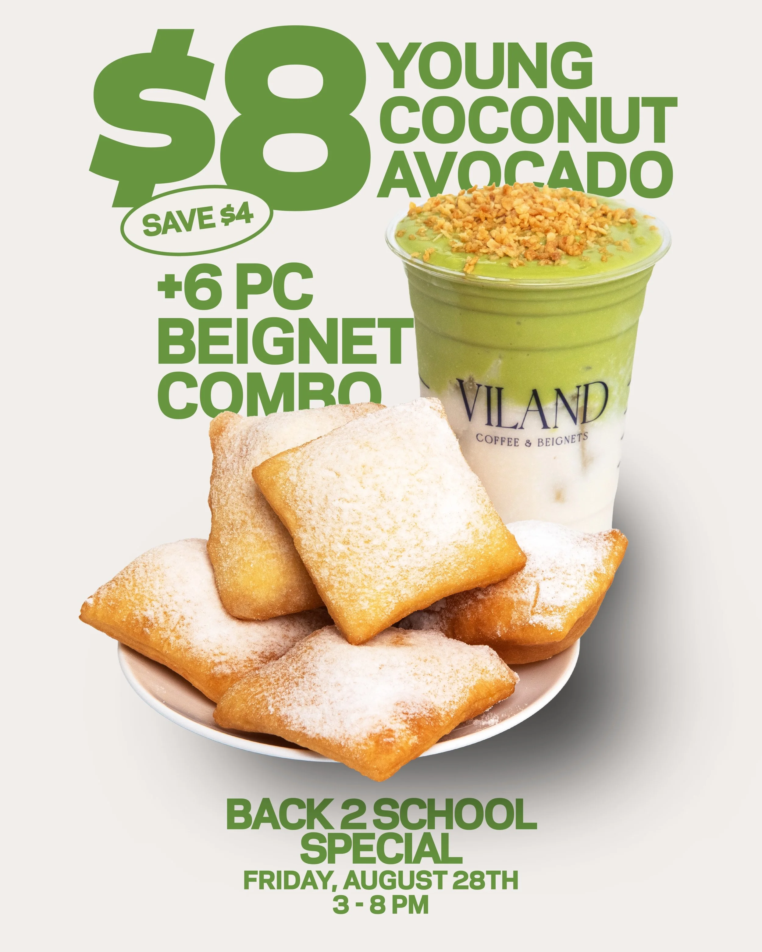 this FRIDAY 8/28 from 3-8PM, get your hands on an insane $8 combo special of our Young Coconut Avocado + 6pc Beignets. Order online or in-store 

limited time only ⏰ so text us &lsquo;JOIN&rsquo; to 1-888-621-0125 to be reminded and access even more 