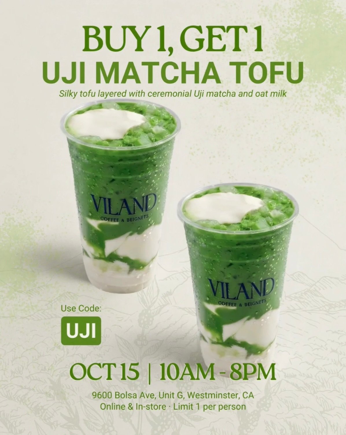 BOGO Uji Matcha Tofu on thurs, 10/15: 10am - 8pm 

tag who you&rsquo;d share the other matcha with 😙

super green ceremonial Uji matcha 🤝 sweet silky Vietnamese tofu pudding = the drink order you&rsquo;ll want to get again &amp; again 

Available i